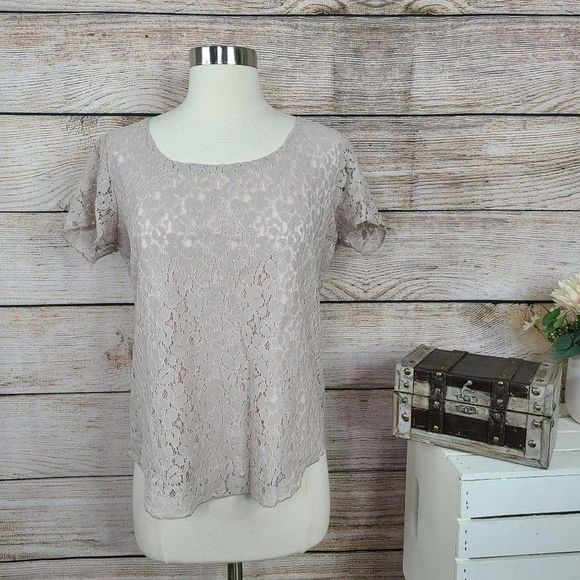 Cynthia Rowley Taupe Lace Overlay Tee Medium - Picture 1 of 3